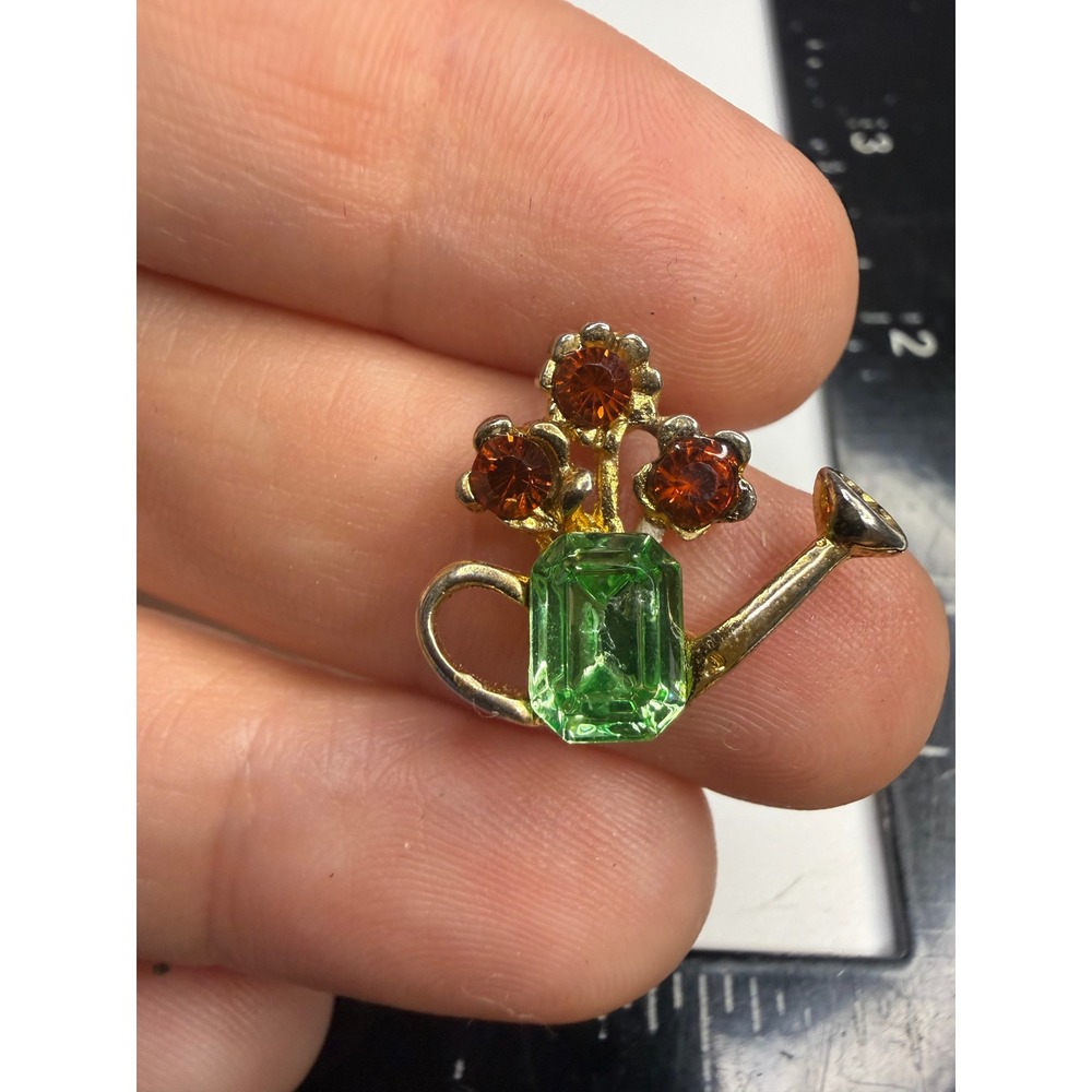 Gold Tone Watering Can Rhinestone Tie Tack Lapel Pin Green Amber Garden Flower